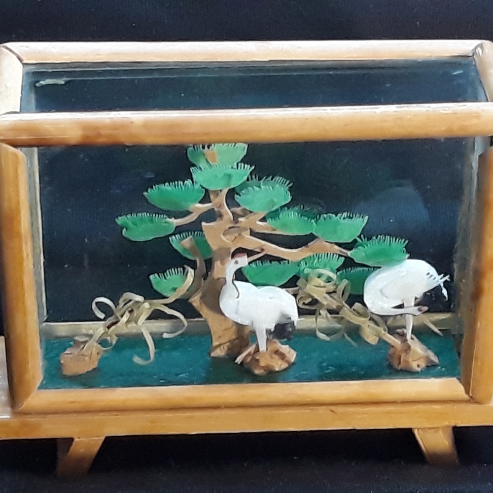 Vintage Miniature Chinese 3D Cranes Landscape Glass Bamboo Diorama Display - Picture 10 of 12